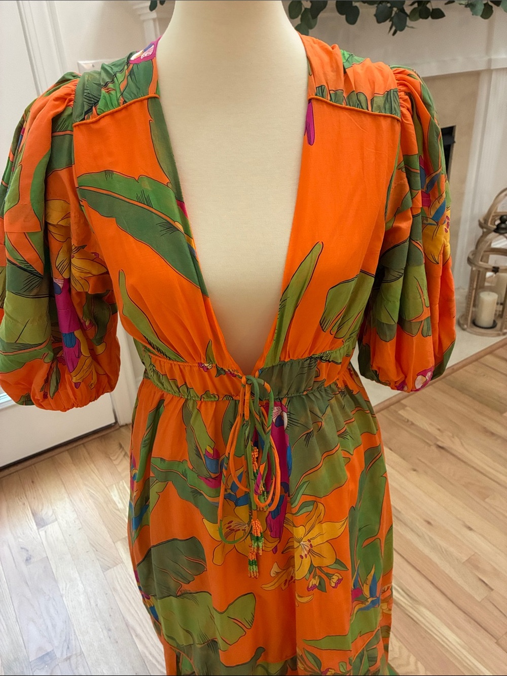 Women’s Orange Tropical Print Maxi Dress with Puff Sleeves - Picture 11 of 11